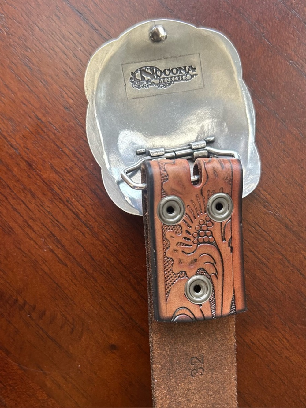 Nocona Tooled Brown Leather Belt with Ornate Silver-Tone Buckle - Picture 3 of 6